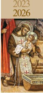 St. Francis draped in a beautiful vestment kneeling at the crib holding the infant Jesus