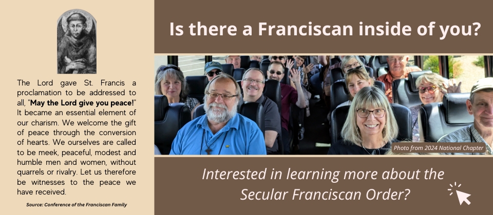 Is there a Franciscan inside of you? Banner contains photo of smiling members riding a bus during the 2026 National Chapter.