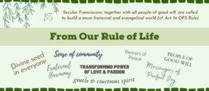 From our rule of life. Image contains phrases from the OFS Rule including, Divine seed in everyone, fraternal harmony, messengers of perfect Joy and more.