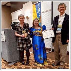 Jan Parker, OFS, former National Minister; Louise Sandberg, OFS, 2022 JPIC Award Recipient; Joseph Makley, OFS, Co-Chair, JPIC Commission.