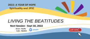 This slide contains the date and time of the next session of Living the Beatitudes program. The date is September 10th. The slide links to the Living the Beatitudes webpage.