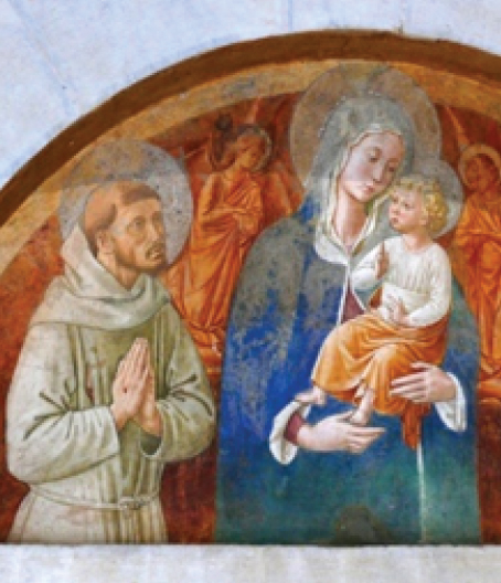 Mary holding baby Jesus & St. Francis praying to Him