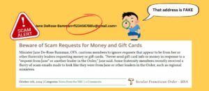 Scam alert: This slide states "Beware of Scam Requests for Money and Gift Cards"