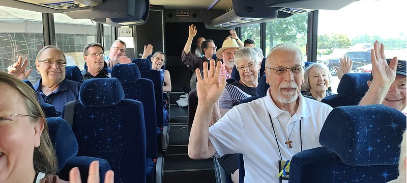2023 Chapter attendees on bus to St Louis Basilica-Cathedral