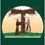 Francis & Clare holding hands in front of tree in the shape of a TAU with branches on the top