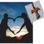 two youths joing hands in the form of a heart against a background of sunrise and an image of a wooden TAU on a cord in the upper right corner