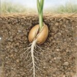 A grain of wheat cracking open in the soil showing the root growing into the soil and the first leaves reaching to the sky