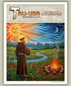 TAU-USA Cover for Spring 2025 Issue. Computer generated artwork showing St. Francis with Brother Sun, Sister Moon, Sister Water and Brother Fire.