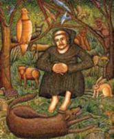 St. Francis in the forest surrounded by animals