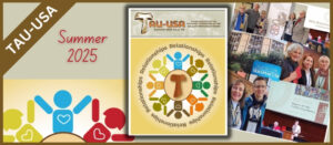 Issue 116 of TAU-USA. Summer 2025. Magazine cover titled Relationships. Several toy style figures linked together in group circle with wooden TAU in the center.