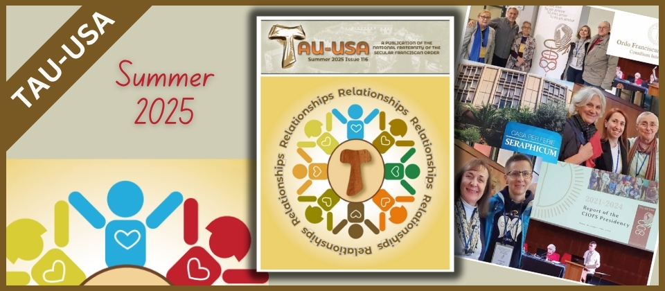 Issue 116 of TAU-USA. Summer 2025. Magazine cover titled Relationships. Several toy style figures linked together in group circle with wooden TAU in the center.