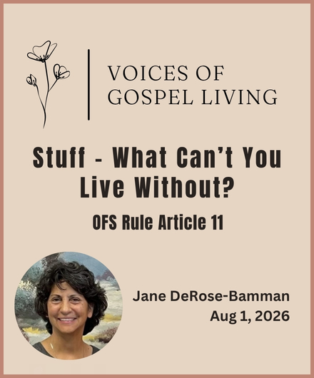 Voices of Gospel Living. Stuff - What Can't You Live Without? Reflection on OFS Rule Article 11 by Jane DeRose-Bamman.