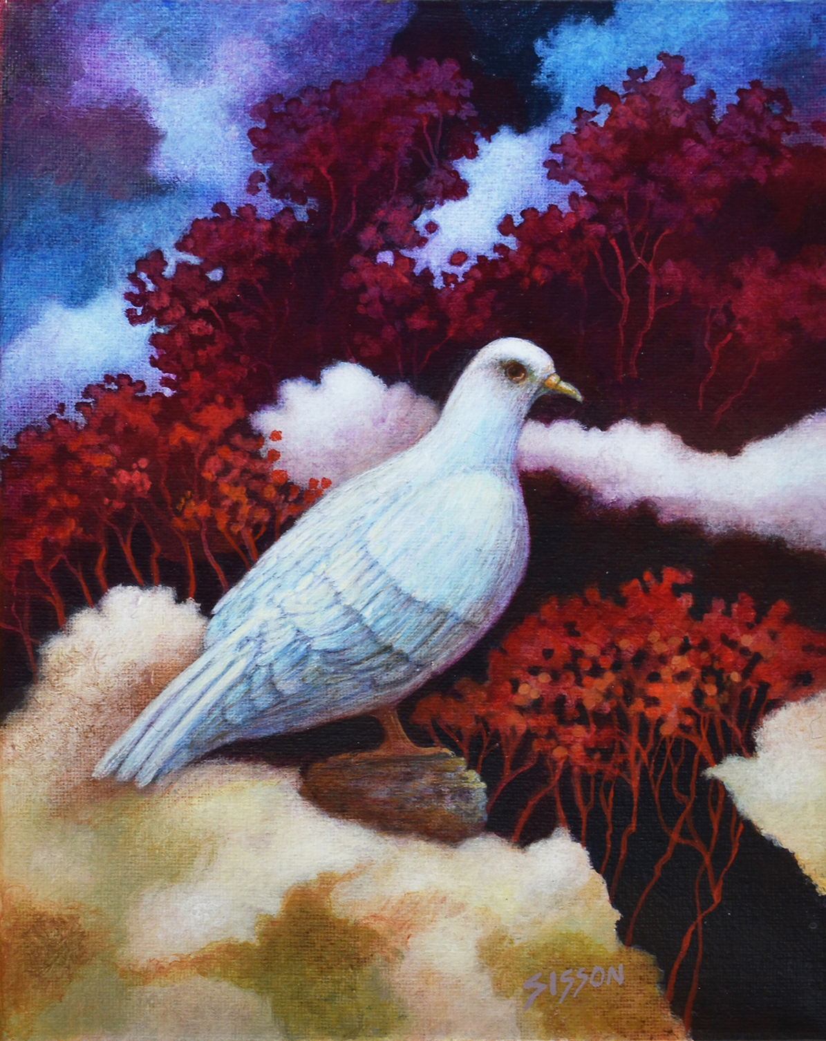 White Bird on a rock in front of a fiery red bush & blue sky with clouds