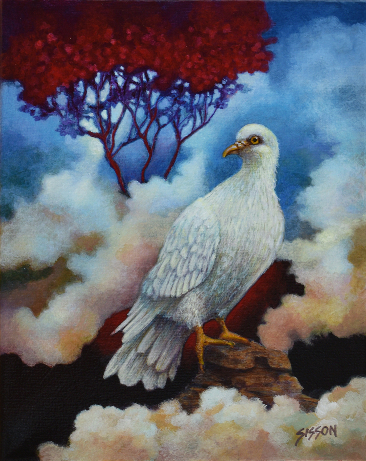 White Bird on a rock in front of a fiery red bush & blue sky with clouds