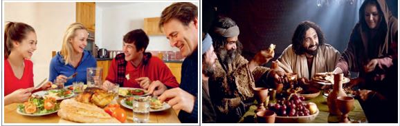 Family Meal on one side and the 2nd picture is Jesus with others at a meal